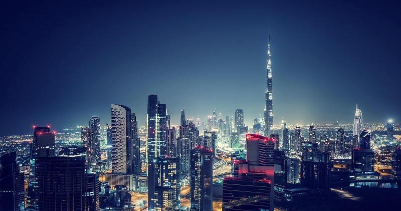 Beautiful Dubai cityscape, bird's eye view on a night urban scen