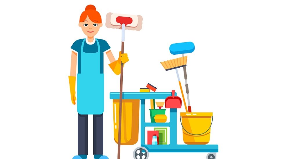 Professional cleaner woman with janitor cart